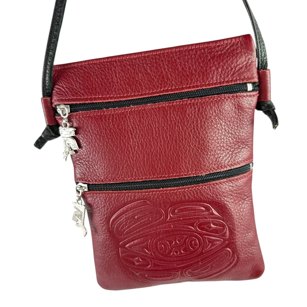 Vintage Red Genuine Pebbled Leather Crossbody Passport Pouch with Raven Design